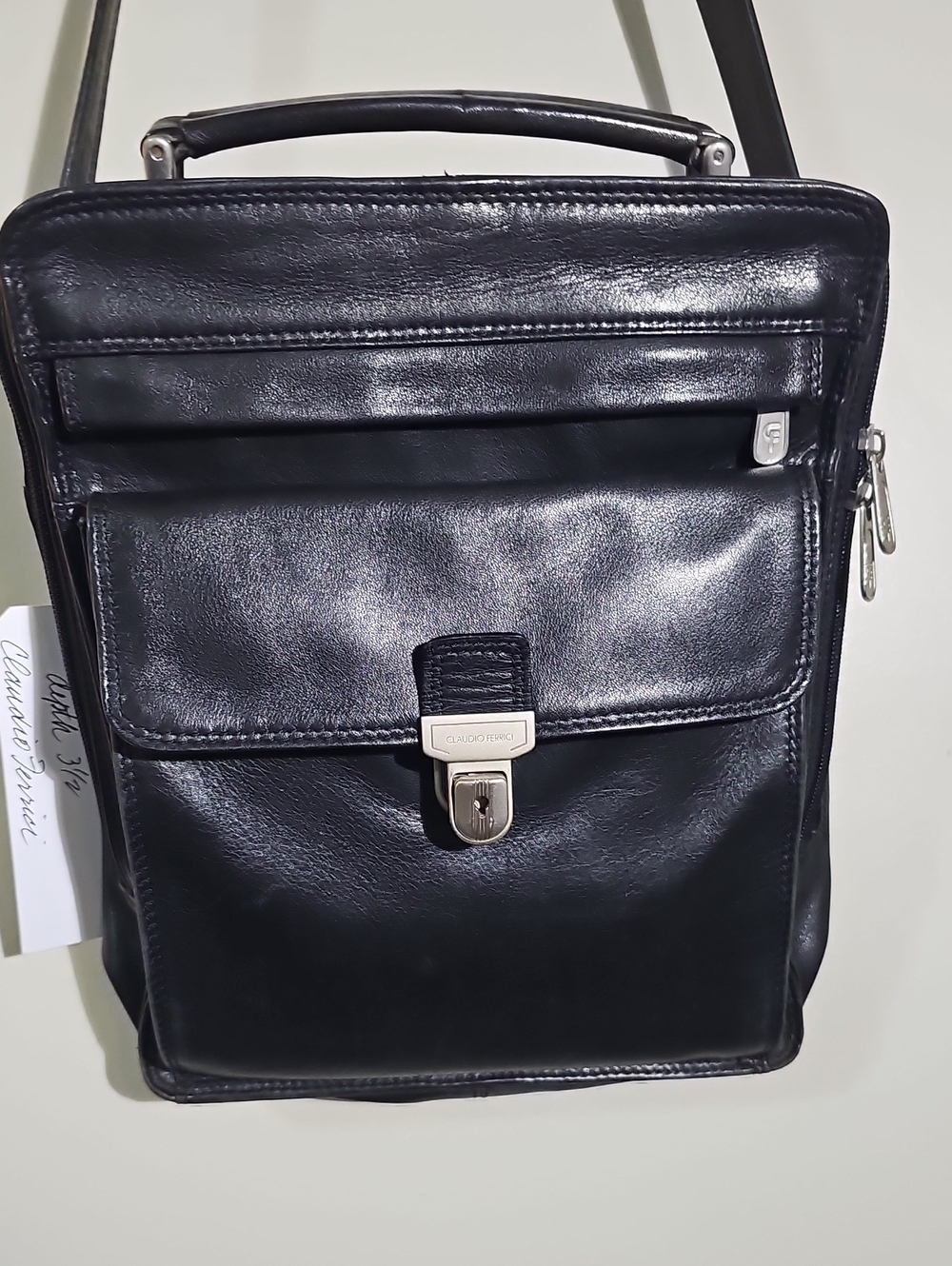 Claudio Ferricci Black Leather Crossbody With Handle Bag.